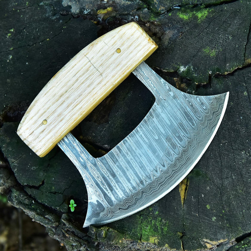 Handmade Damascus Steel Ulu Knife – Multi-Purpose Kitchen Blade with Sheath