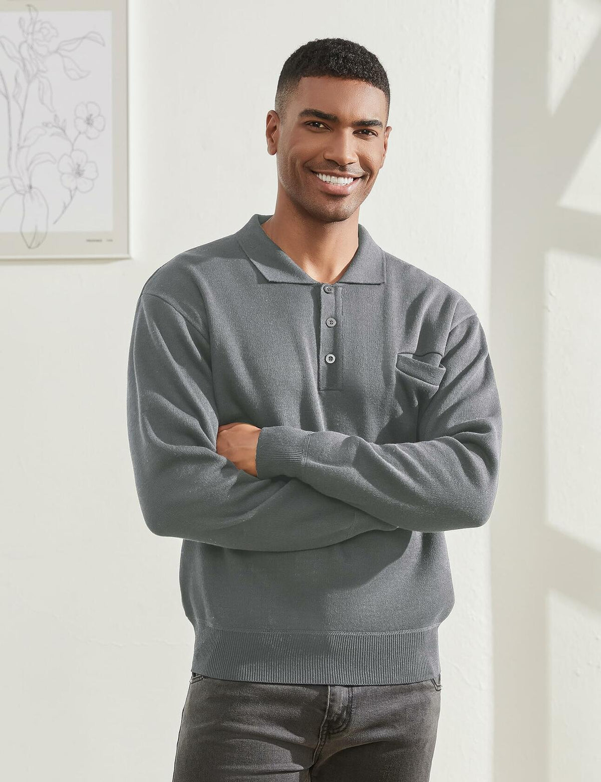 Thkzn Men’s Knit Polo Sweater Grey Long Sleeve Fleece Lined XL Classic