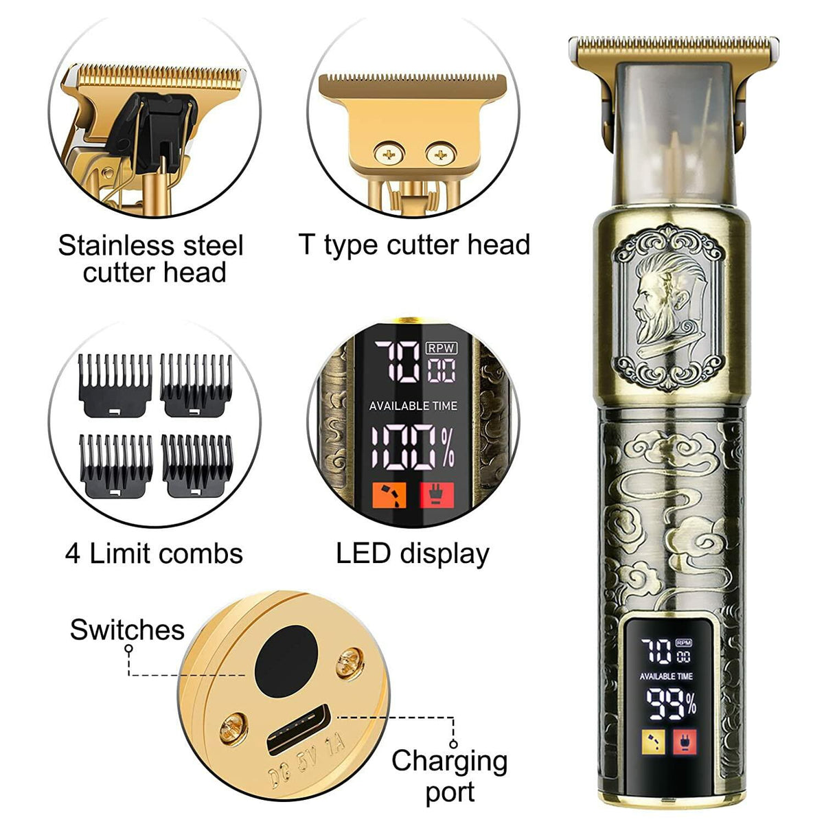 Hilandkom Hair Clippers Men Cordless T-Blade Trimmer Rechargeable LCD Figure-03