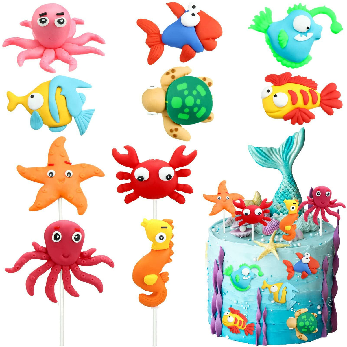 Yulejo 10 Pcs Dinosaur Cake Toppers Clay Jungle Safari Party Decor 2-3in