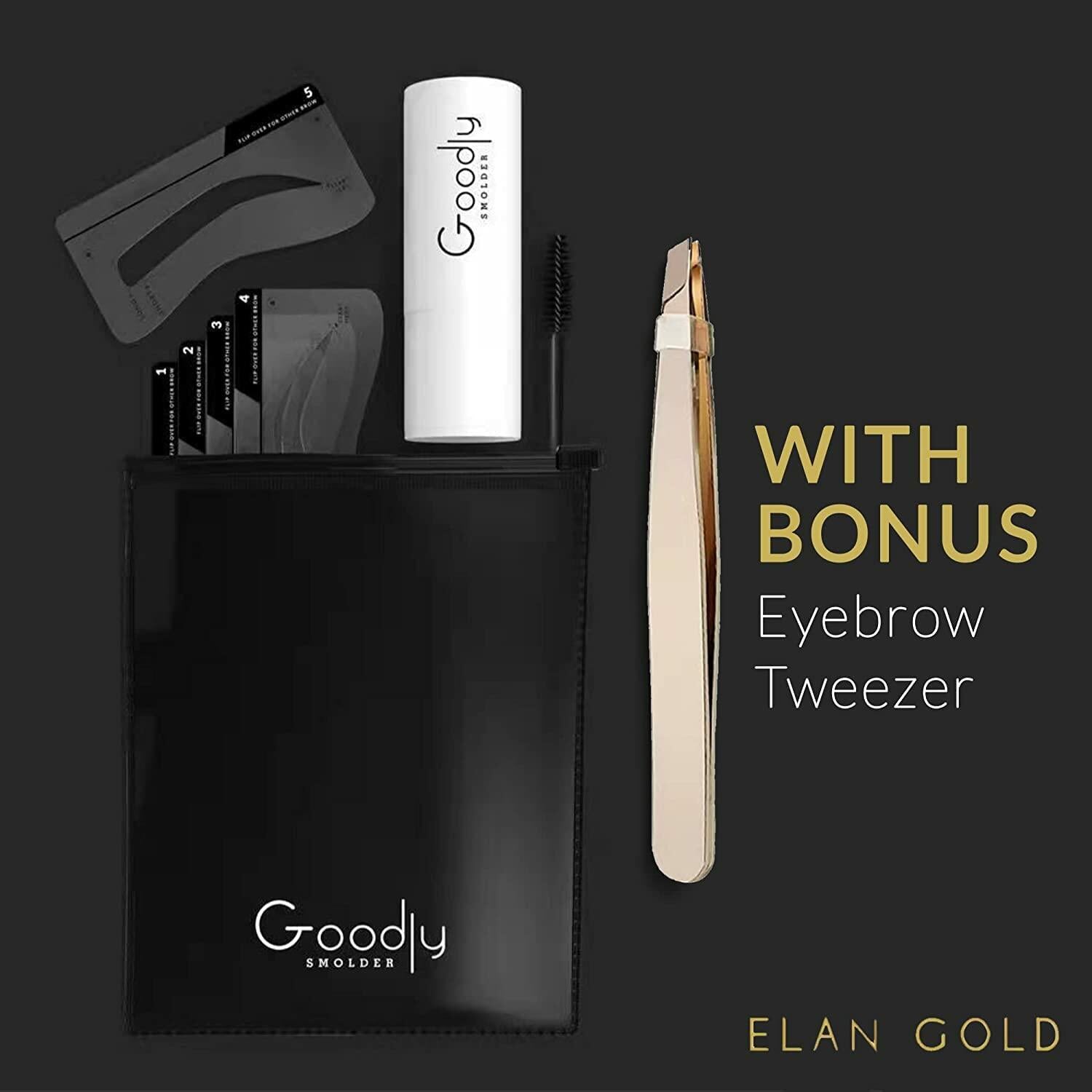 EGLD GOODLY Eyebrow Stamp Kit w/ Tweezer Waterproof Long-Lasting Nearly Black