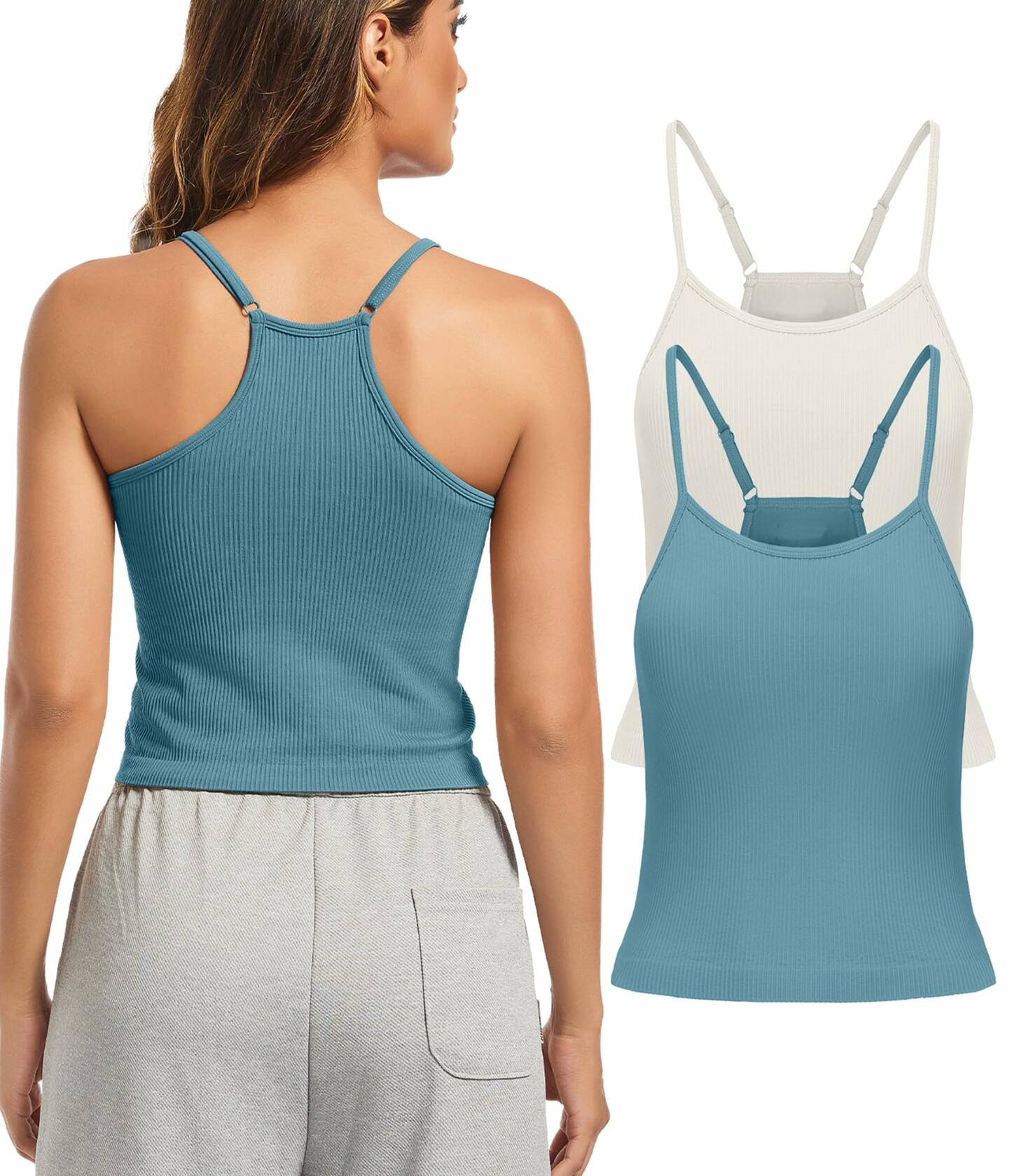OVESPORT 2-Pack Women’s Workout Tank Tops with Built-In Bra Blue & White L