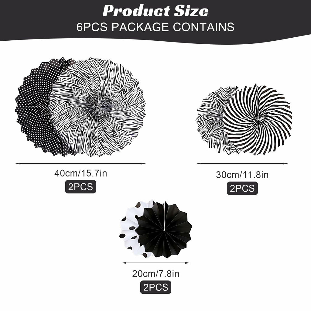 6PCS Black Hanging Paper Fans Party Decorations for Birthday, Wedding & Shower