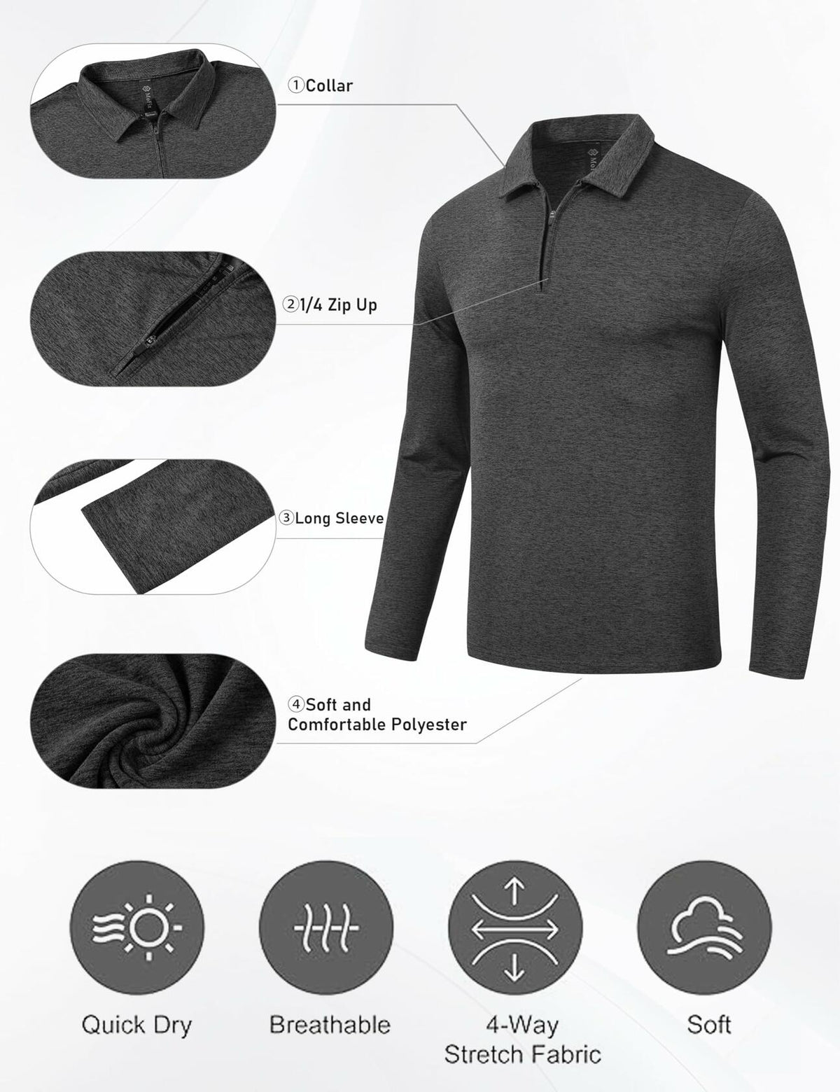 MoFiz Men’s Long Sleeve Polo Shirt Quarter-Zip Quick Dry Grey M