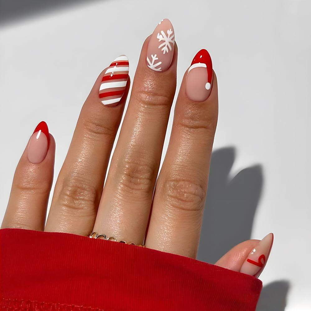 Short Almond Press-On Nails Red French Tip White Snowflake Fake Nails 24PCS
