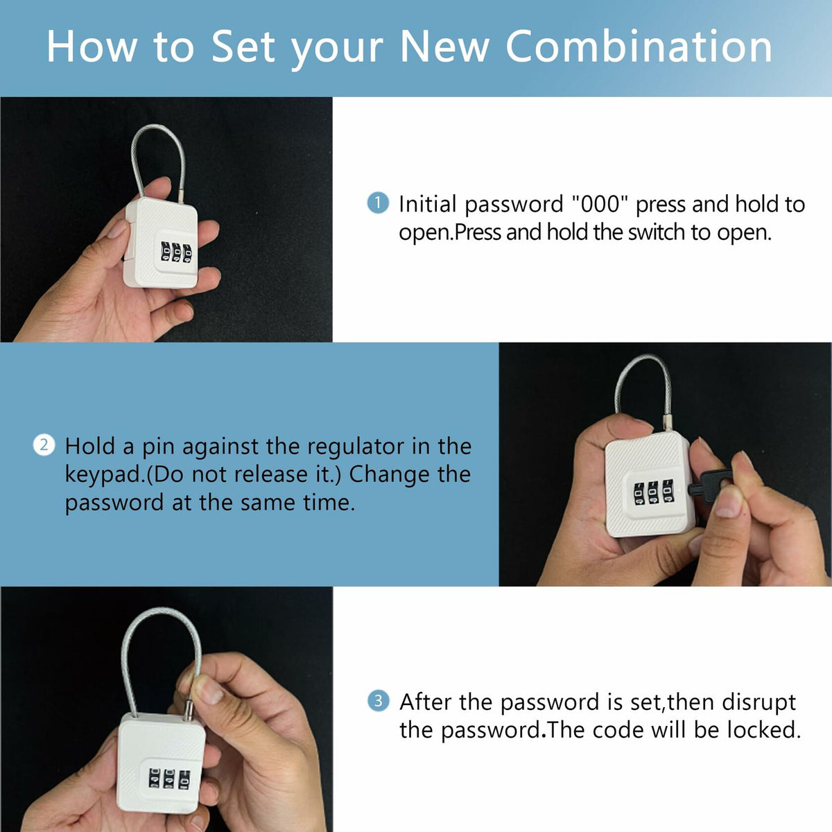 Coipdfty 3-Digit Combination Lock Flexible Steel Cable Waterproof White 1 Pack