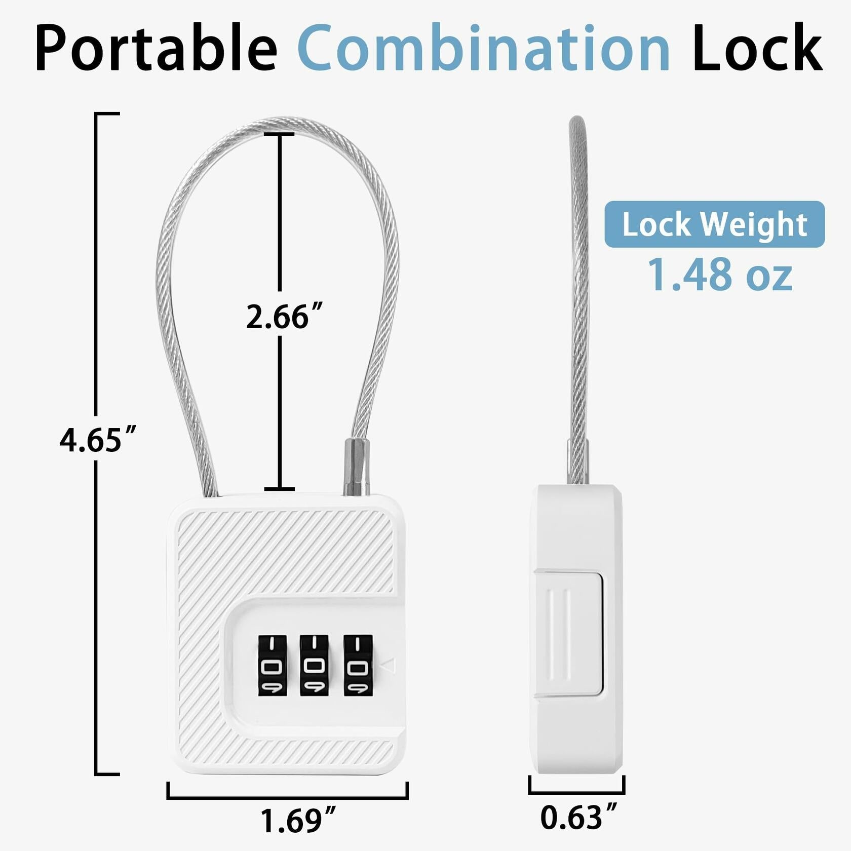 Coipdfty 3-Digit Combination Lock Flexible Steel Cable Waterproof White 1 Pack