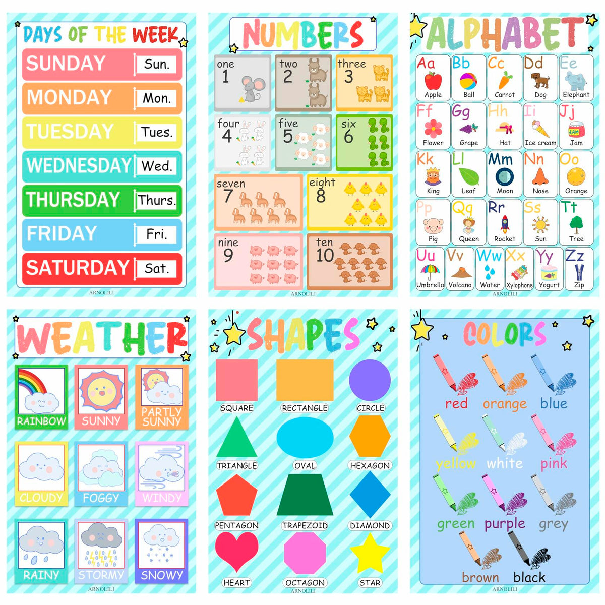 ARNOLILI Toddler Educational Canvas Posters 6 Pack ABC Numbers Shapes 12x18in