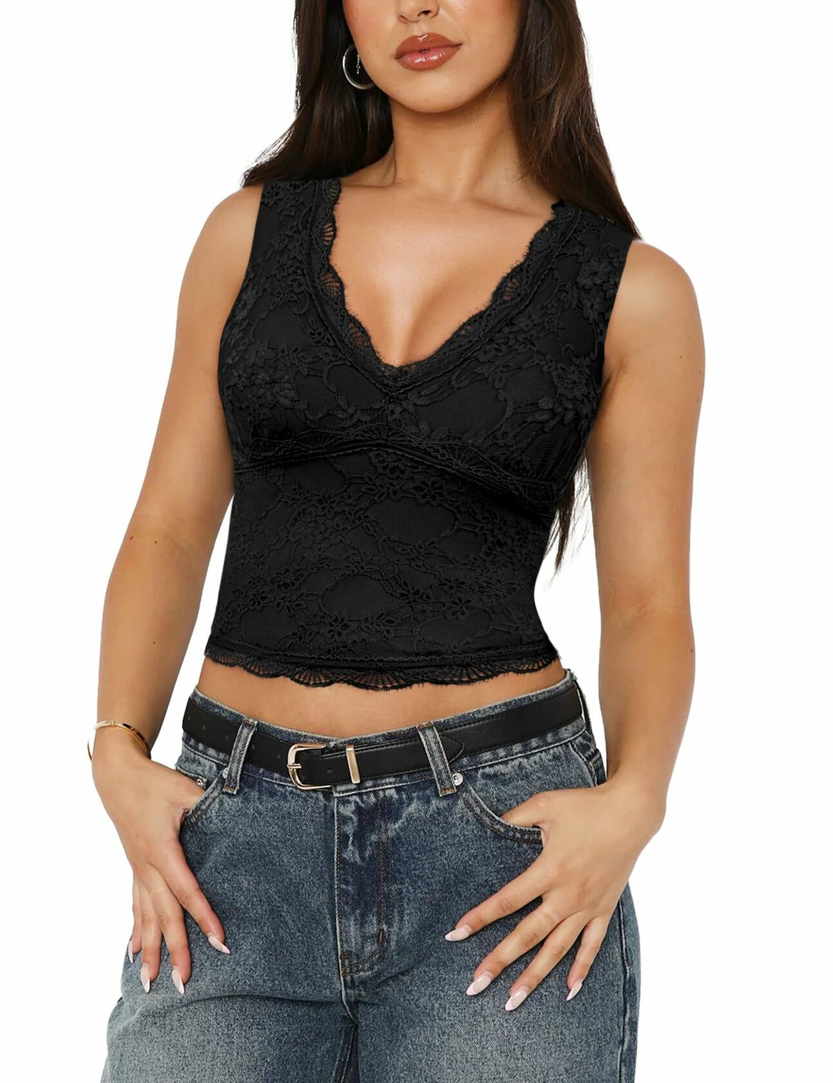 SAUNGKUAI Women's Sexy V Neck Sleeveless Lace Floral Top Bluenova Size L