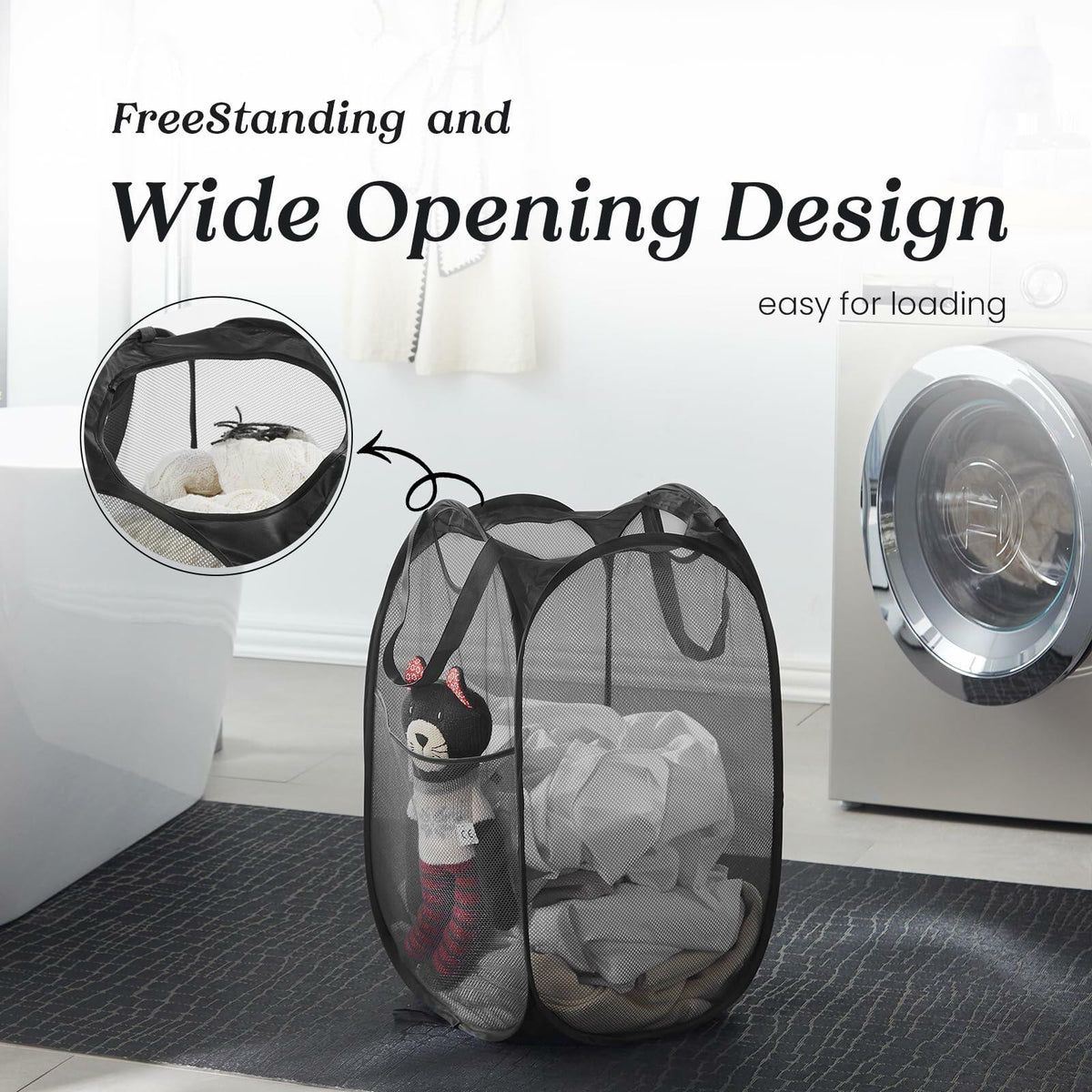 TECHMILLY Collapsible Mesh Laundry Hamper Pop Up w/Handles 2 Pack Black