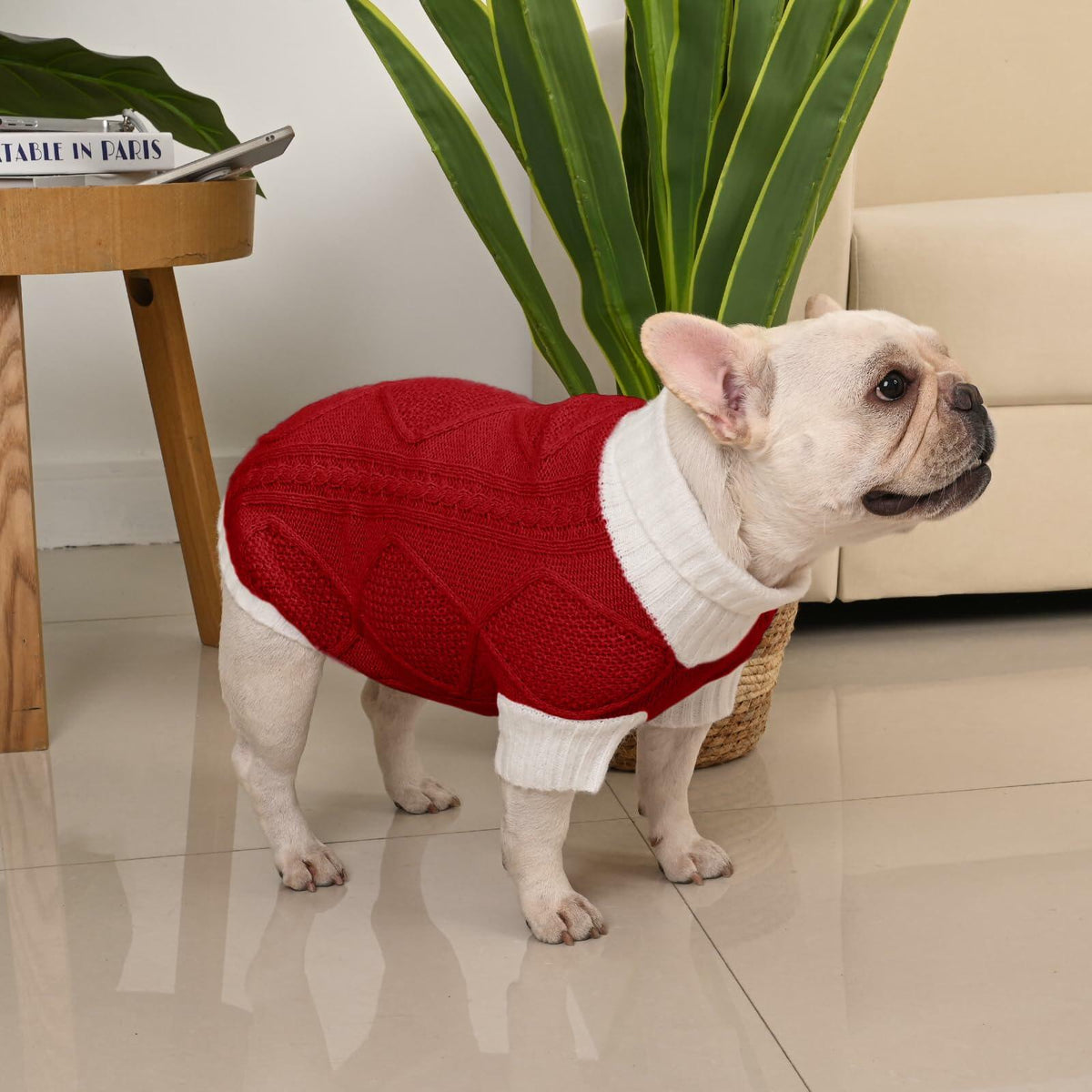 KCFESTIHUE Dog Sweater Argyle Cable Knit Turtleneck Red Size M