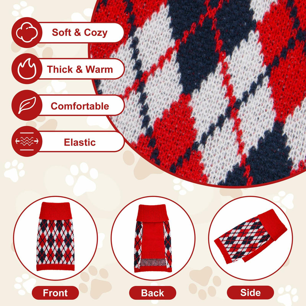 KCFESTIHUE Dog Sweater Plaid Knit Turtleneck Pullover Red Blue Size XS