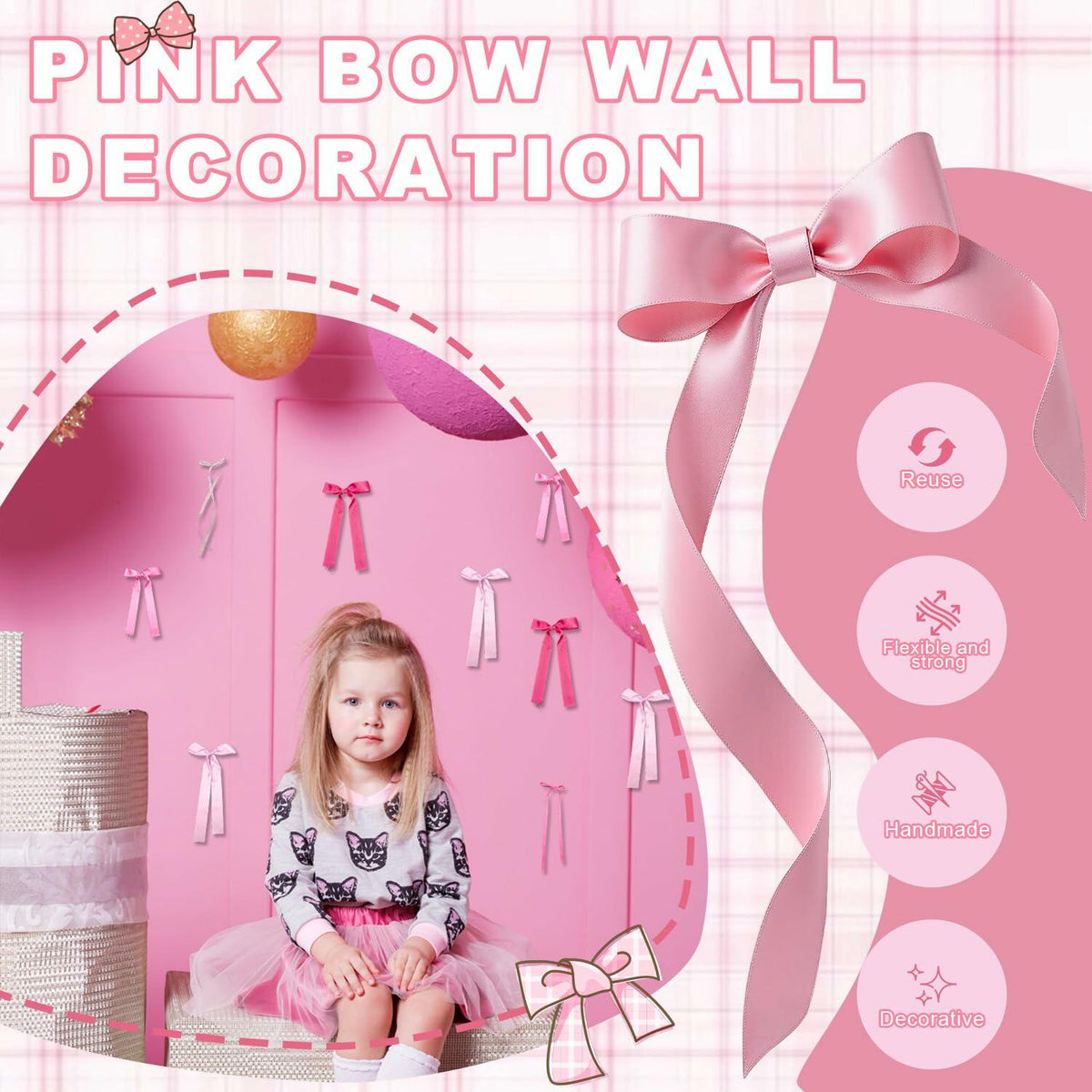 YCZYCZ Pink Satin Bow Wall Decor Garland 24PCS DIY Party Decorations