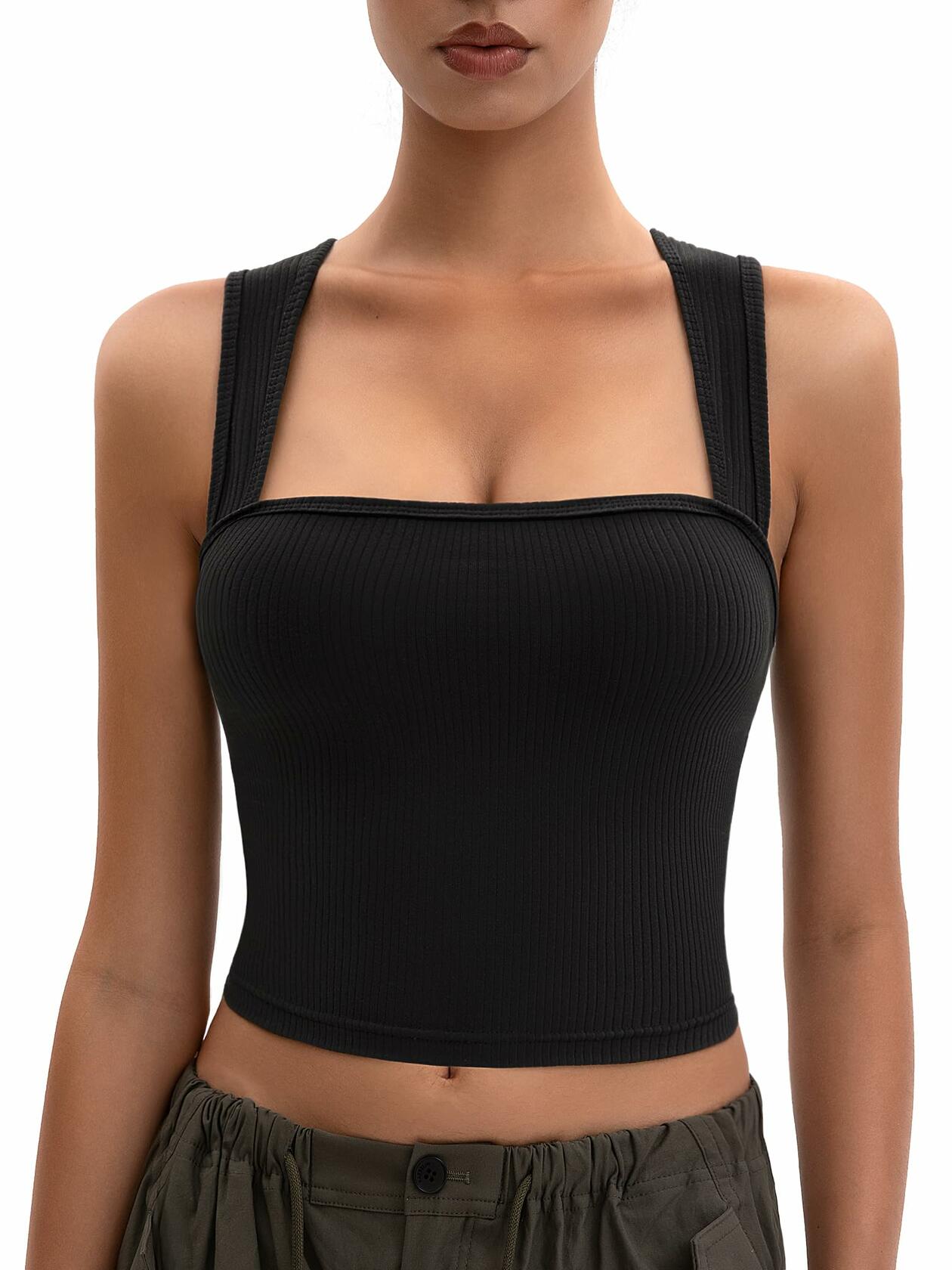 MOSSROZZ Crop Tank Top Ribbed Athletic Wide Strap Navy Blue Size M