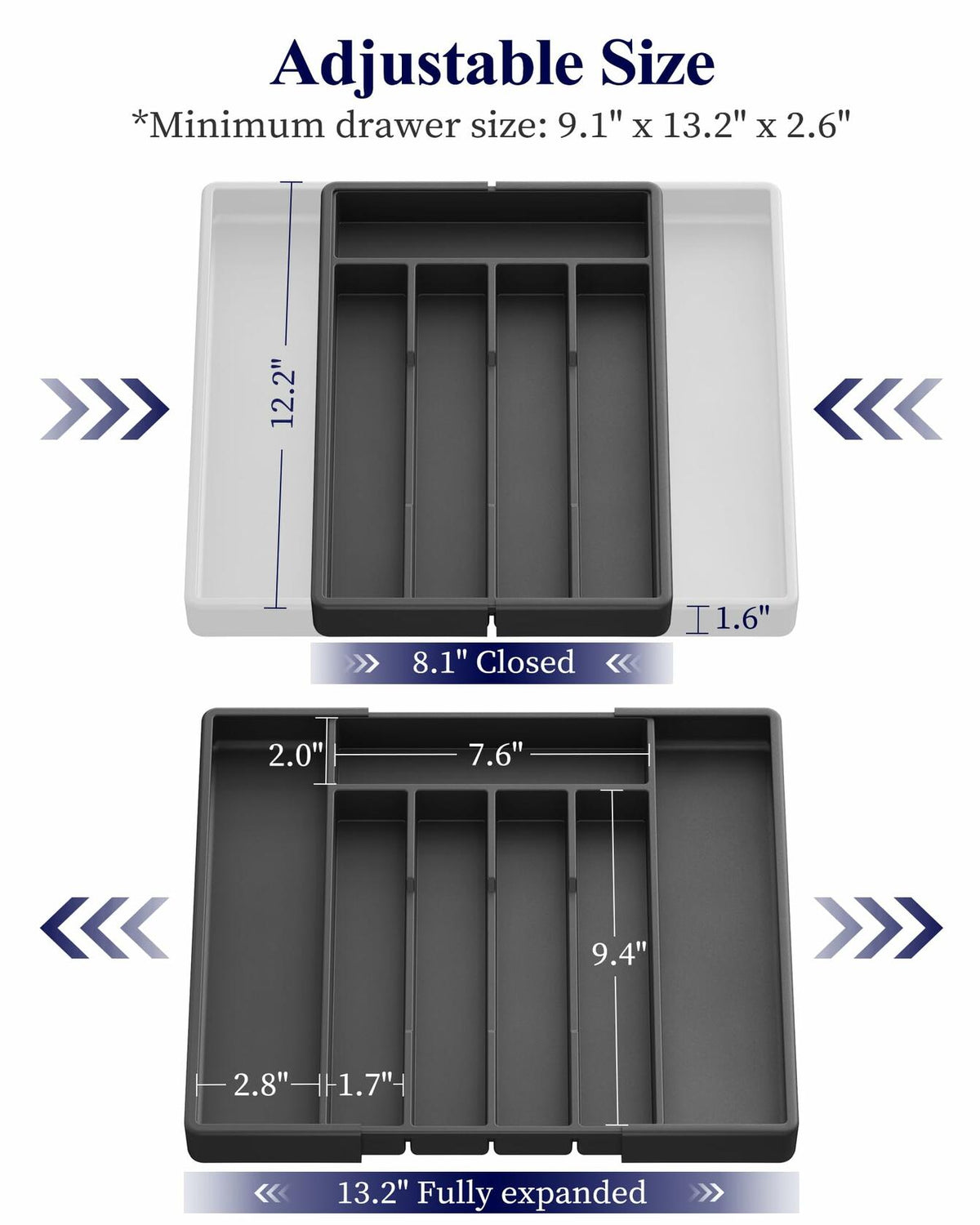Kitsure Expandable Silverware Drawer Organizer 7Compartments Black 13.2x12.2x1.6