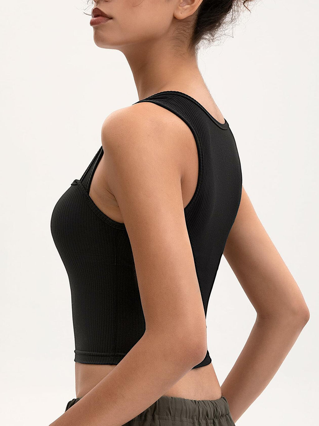 MOSSROZZ Crop Tank Top Black Ribbed Athletic Slim Fit Wide Strap Size L