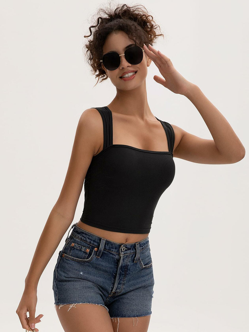 MOSSROZZ Crop Tank Top Black Ribbed Athletic Slim Fit Wide Strap Size L