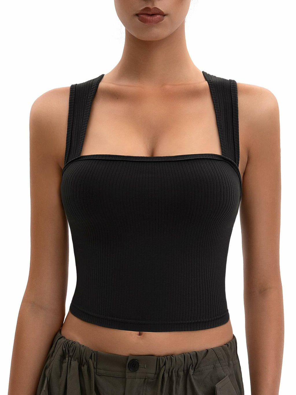 MOSSROZZ Crop Tank Top Black Ribbed Athletic Slim Fit Wide Strap Size L