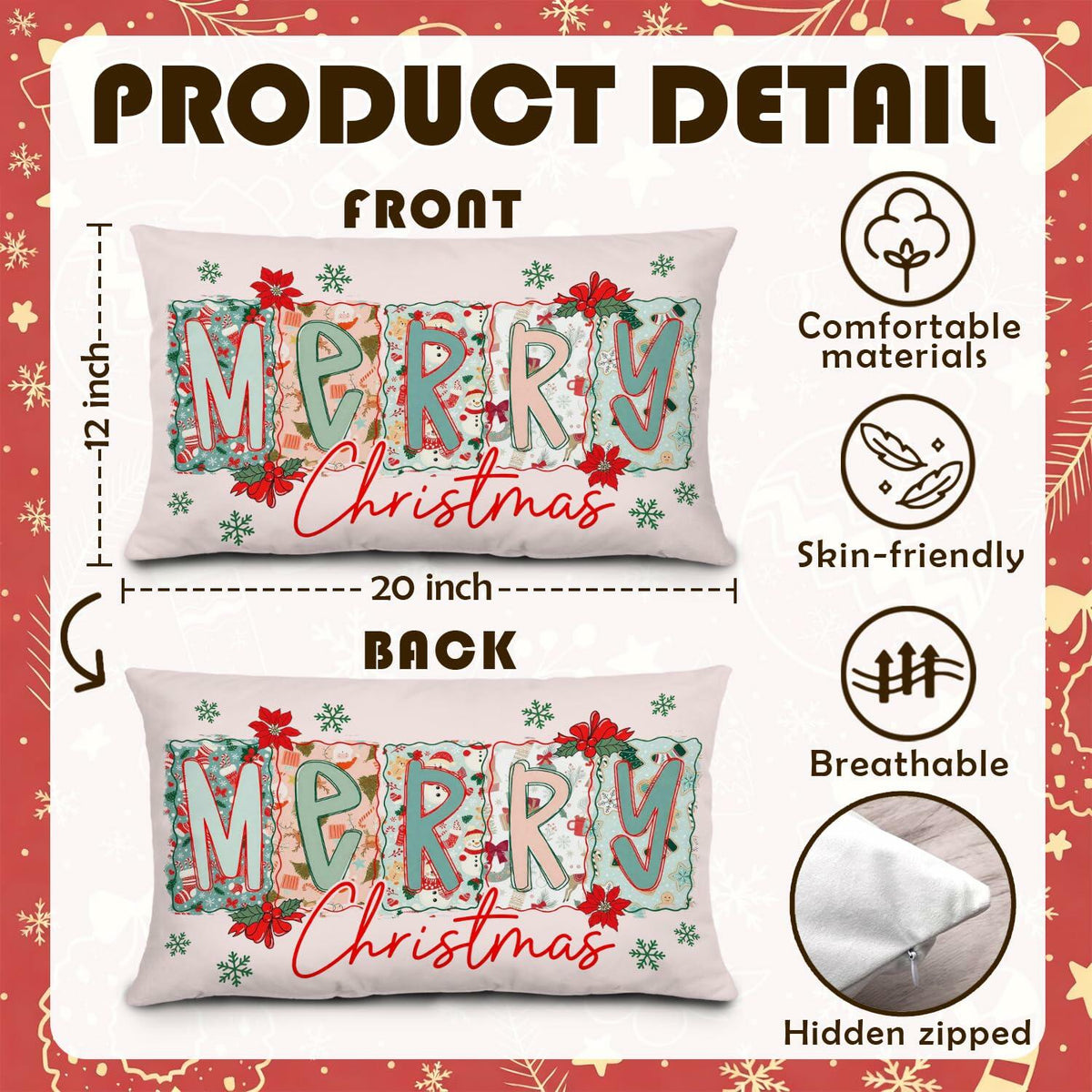 MOLYUB Pink Merry Christmas Floral Pillow Cover 12x20 Inches Polyester