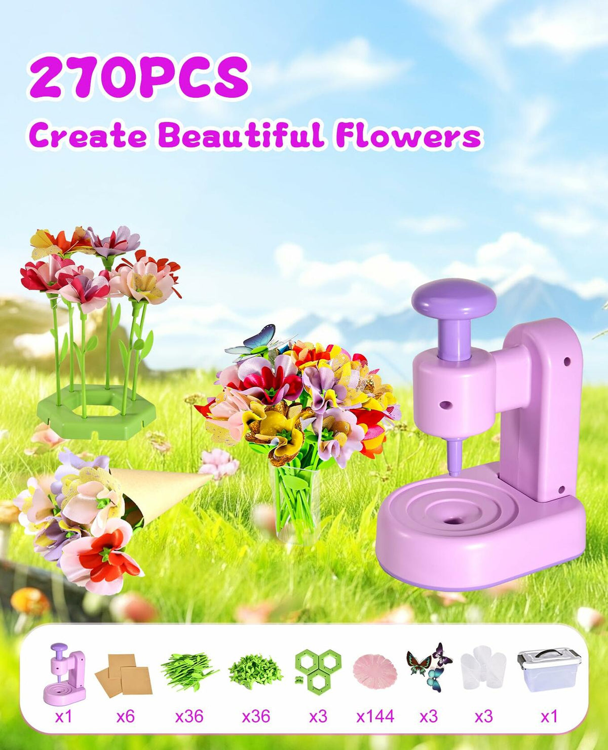 Maylatte Fabric Flower Bouquets DIY Craft Kit for Girls Ages 4-8 with Box