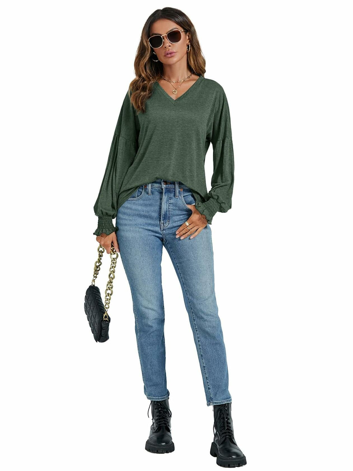 LYANER Women's V Neck Ruffle Lantern Sleeve Blouse Top Dark Green Size S
