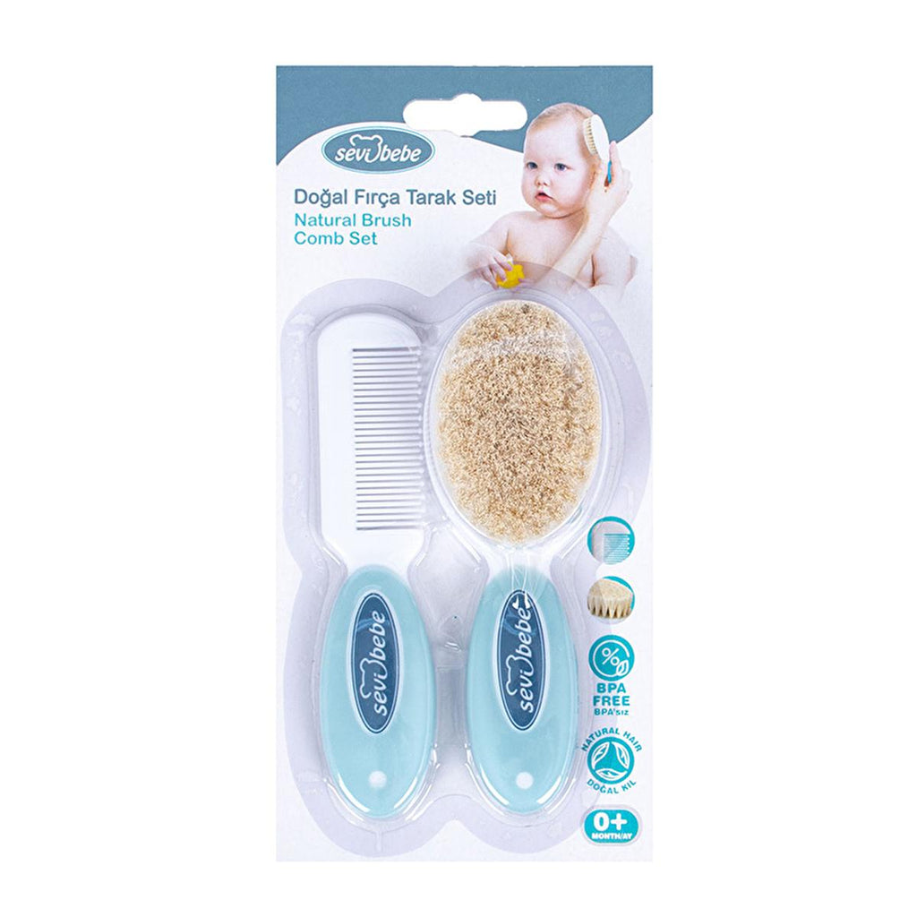 Sevi Bebe Baby Hair Brush and Comb Set - Natural Bristle, Gentle Grooming for Newborns
