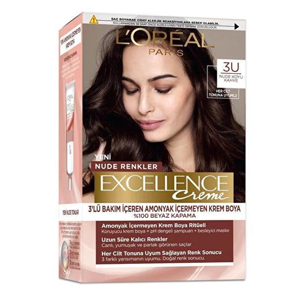 L'Oréal Paris Excellence Nude Hair Dye - Ammonia-Free, Long-Lasting Color for All Skin Tones - Dark Brown 3U