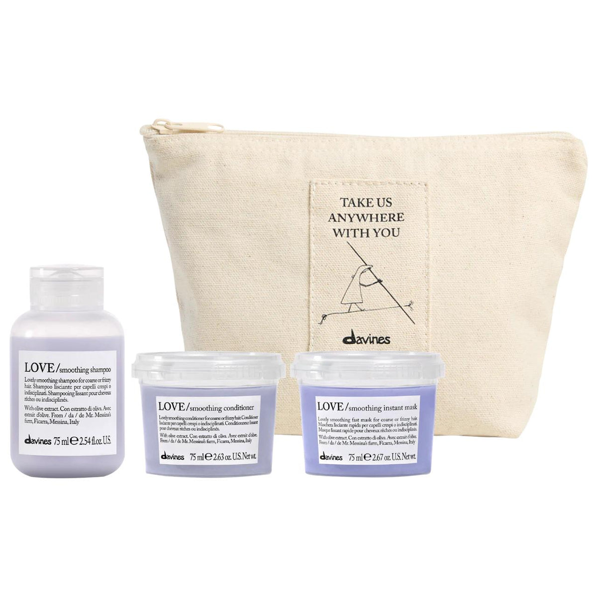 Davines LOVE Smoothing Mini Bestsellers Hair Set: Vegan, Sulfate-Free for Frizzy Hair - Shampoo, Conditioner & Mask for Shine, Manageability & Frizz Control