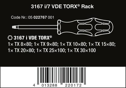 Wera 3167 i/7 VDE Stainless TORX® Screwdriver Set With Rack 7 Piece 05022767001