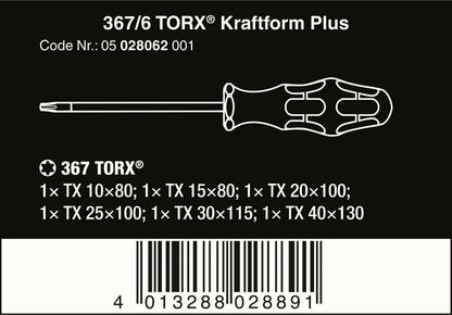 Wera 367/6 Kraftform Plus TORX® Screwdriver Set With Rack 6 Piece 05028062001