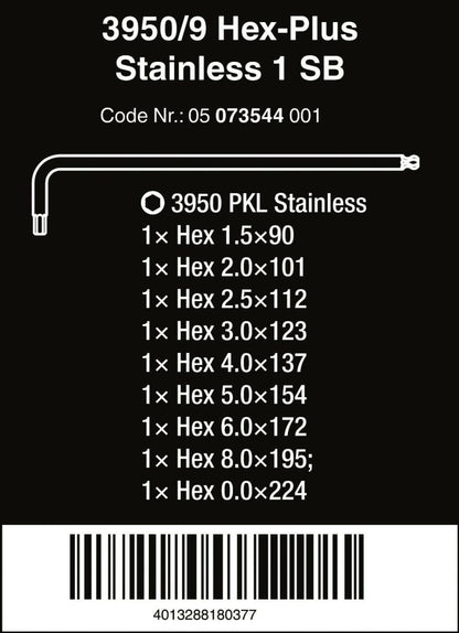 Wera 3950/9 Hex-Plus 1 SB Stainless Steel L-Key Set Metric 9 Pieces 05073544001