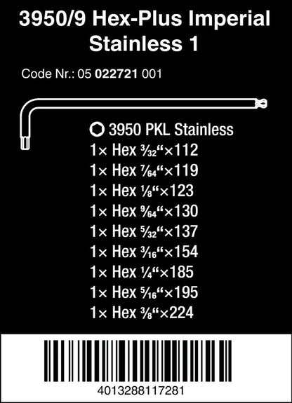 Wera 3950/9 Hex-Plus Stainless Steel L-Key Set Imperial 05022721001