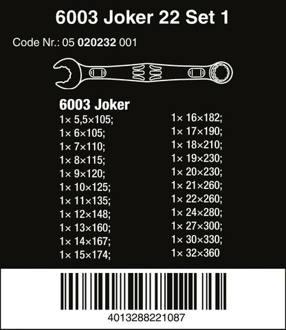 Wera 6003 Joker 22 Set 1 Combination Wrench Set 22 Piece Metric 05020232001
