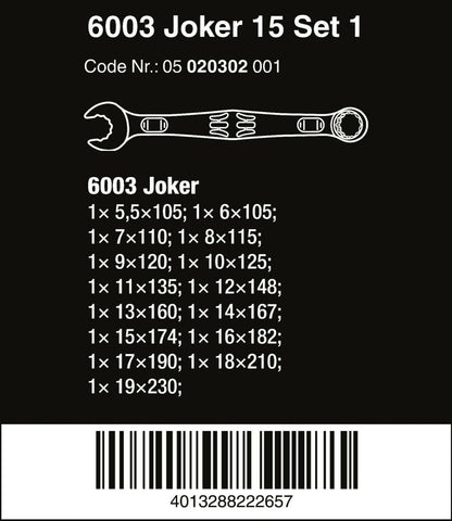 Wera 6003 Joker Combination Wrench Set 15 Piece Metric 05020302001