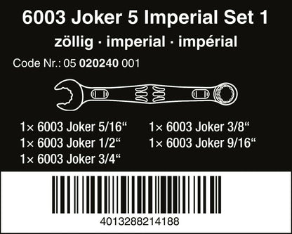 Wera 6003 Joker Combination Wrench Set 5 Piece SAE 05020240001