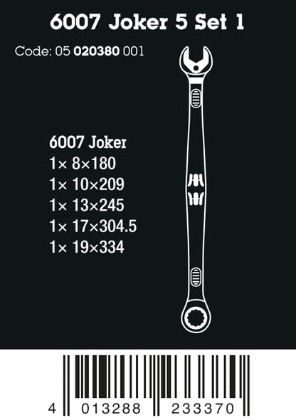 Wera 6007 Joker 5 Set 1 Combination Wrench Set 5 Pieces Metric 05020380001