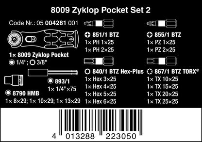 Wera 8009 Zyklop Pocket Set 2 Socket Wrench Set 3/8" Drive Metric 05004281001