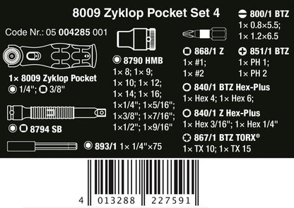 Wera 8009 Zyklop Pocket Set 4 Socket Wrench Set 3/8" Drive SAE 05004285001