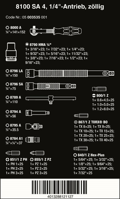 Wera 8100 SA 4 Zyklop Socket Wrench Set 1/4" Drive SAE 41 Pieces 05003535001