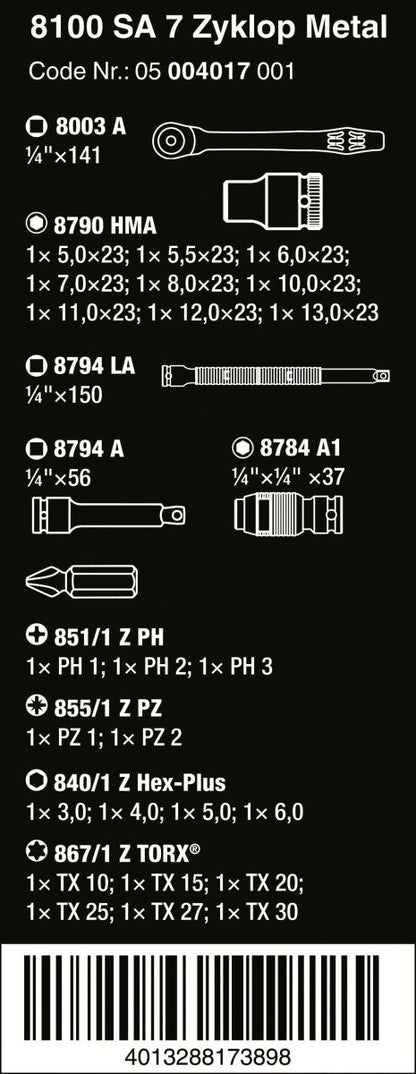 Wera 8100 SA 7 Zyklop Metal Push Ratchet Set 1/4" Drive Metric 05004017001