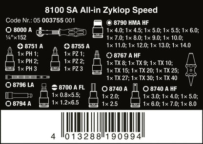 Wera 8100 SA All In Zyklop Speed Ratchet Set HF 1/4" Drive Metric 05003755001