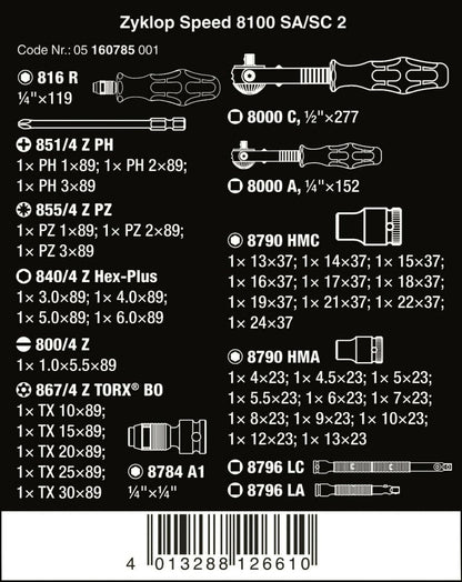 Wera 8100 SA/SC 2 Zyklop Socket Wrench Set 1/4" 1/2" Drive Metric 05160785001