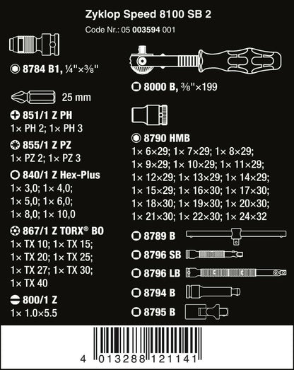 Wera 8100 SB 2 Zyklop Socket Wrench Set 3/8" Drive Metric 43 Pieces 05003594001