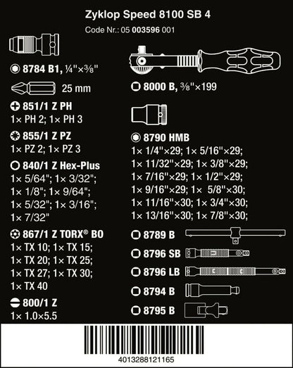 Wera 8100 SB 4 Zyklop Socket Wrench Set 3/8" Drive SAE 38 Pieces 05003596001