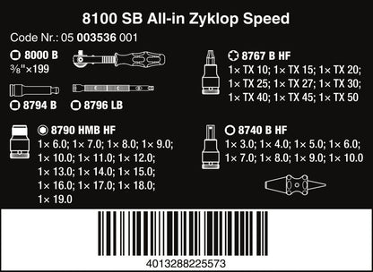 Wera 8100 SB All In Zyklop Speed Ratchet Set HF 3/8" Drive Metric 05003536001