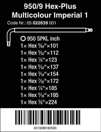 Wera 950 SPKL/9 SM N Multicolour L-Key Set Imperial 05022639001