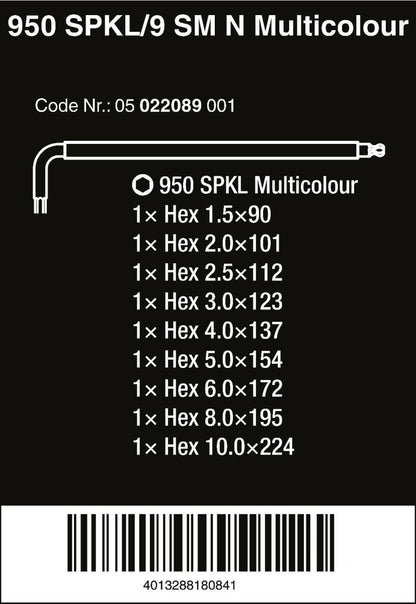 Wera 950 SPKL/9 SM N Multicolour L-Key Set Metric 05022089001