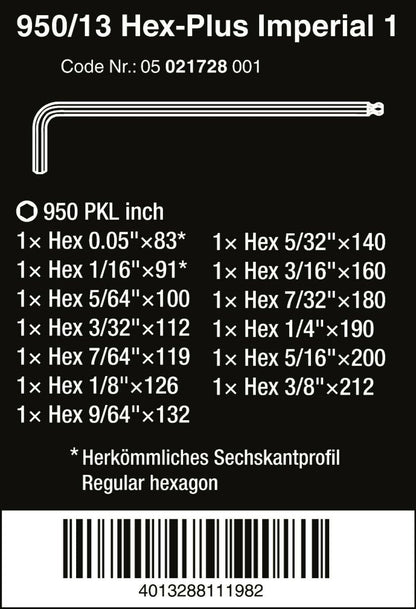 Wera 950/13 Hex-Plus 1 L-Key Set SAE 13 Piece 05021728001