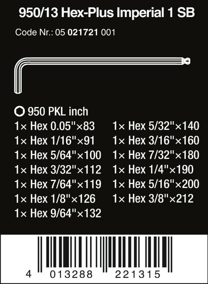 Wera 950/13 Hex-Plus 1 SB L-Key Set SAE 13 Piece 05021721001