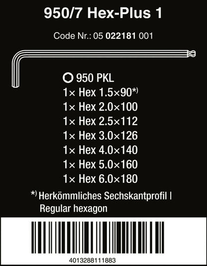 Wera 950/7 Hex-Plus 1 L-Key Set Chrome Plated Metric 7 Pieces 05022181001